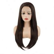 Meiyite Hair Straight Long 24inch Two Tone Dark Brown Mix Half Hand Tied Heat Resistant Synthetic Lace Front Wigs - como en la foto - Ver 3