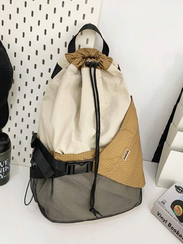 1pc Large-Capacity Outdoor Leisure Backpack, Lightweight Drawstring Couple's Sports Backpack With Contrasting Design, Fashionable And Versatile, Featuring Side Pockets, Suitable For Leisure Walks, Hiking, Traveling, And Camping