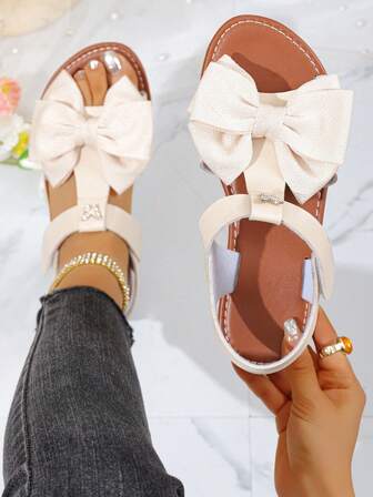 New Fashion Bow Tie Beach Sandals, Made Of High-Quality PU Material, With Hook And Loop Strap For Easy On/Off, Suitable For Beach, Hangout With Friends, Shopping And More