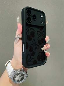 Funda de teléfono de TPU suave con estampado de lazo y cereza, resistente a golpes, cobertura completa, compatible con iPhone 17/17 Air/17 Pro/17 Pro Max/16/16 Plus/16 Pro/16 Pro Max/15/14 Plus/13/12/11 y S26/S26 Plus/S26 Ultra/S25/S25 Plus/S25 Ultra/S24/S23/S22/S21/A55/A15/A56/A52 [Versión internacional], Versión internacional, no la versión nacional, regalo de cumpleaños de primavera - Negro - Ver 3