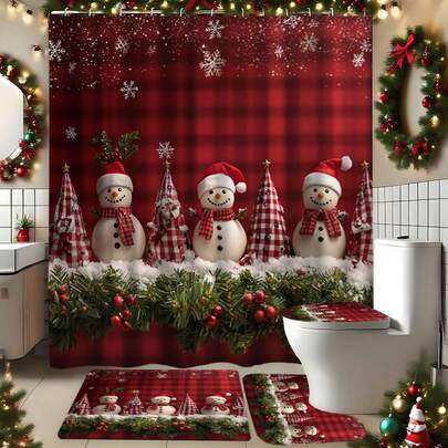 1/4件套圣诞雪人与红莓图案浴帘套装 - 假日冬季场景，包含雪人、冬莓和雪花图案，耐用涤纶材质，可机洗，浴室装饰，含挂钩，高品质印花家居装饰，欢乐雪人设计，适合家居装饰