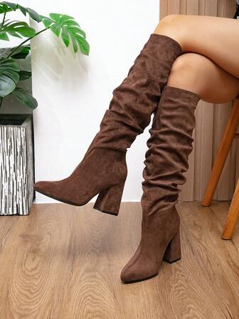 Höst/vinter Dammode Knähöga Stövlar, Spetsiga Tår, Ridstövlar med Grov Klack, Minimalistiska Högklackade Slim Fit Ankelstövlar