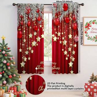 2片装2D平面印花红金圣诞球星图案节日优雅圣诞窗帘，涤纶纤维材质，适用于出租房、客厅、厨房、卧室，可拆卸机洗，适用于小窗户的装饰窗帘，客厅。