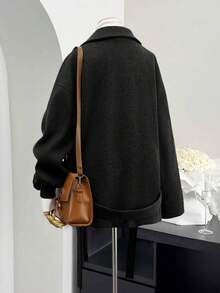 女士休闲保暖棕色立领丝绒高品质短款厚衬羊毛大衣 - 黑色 - 查看 2