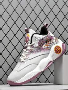 Zapatos De Baloncesto Deportivos De Mujer De Malla Transpirable Diseñados Con Estampado, Con Corte Alto Atlético Y Correa.Zapatos de baloncesto para hombre, tenis de baloncesto juveniles, antideslizantes, zapatos deportivos para hombres, interiores y exteriores.Tenis Escolares Juveniles De Piel De Bota Moda Para Practicar Deportes Basket Skate Con Estilo Urbano Cómodo - blanco morado - Ver 2