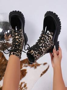 Damen Leopard Muster Schnürstiefeletten, Boots mit dicker Sohle, modische Motorradstiefel für Herbst/Winter - Schwarz - Übersicht 1