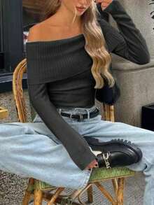 فستان كاجوال أنيق بأكمام طويلة وياقة مكشوفة الكتف، قصة ضيقة مناسب للخروج والحفلات والمواعدة، ملابس شتوية أنيقة وأنيقة للنساء - الأسود - مشاهدة 2