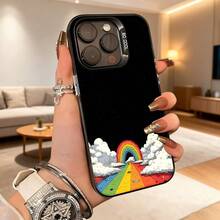 Rainbow And Clouds Phone Cover, Black, Rainbow Road Print With White Clouds And Starry Sky, Ideal For Daily Use And Youth Style Going Out With Fashionable Phones - Black - View 4