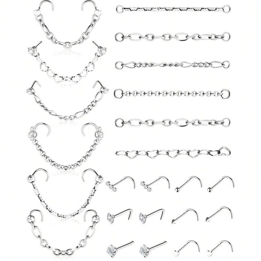 MTLEE Nose Ring Chain Piercing Across Double Nose Stud CZ Heart Ball L Shaped Stainless Steel Piercing Jewelry Nostril Chain For Women Men{"Color_name":"Silver"} - silver - 查看 1