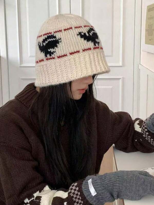 1pc Autumn/Winter Bucket Hat, Women's Knitted Bucket Hat With Peace Jacquard Design Winter Gear
