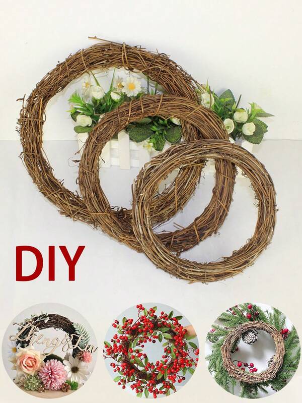 1pc Simple Wood Grain Diy Rattan Flower Wreath, Christmas Diy Artificial Flower Wreath, Christmas Party Decoration Supplies, Suitable For Use In Living Rooms, Bedrooms, Outdoor Multi Scene Christmas Flower Wreaths, Festival And Party Supplies