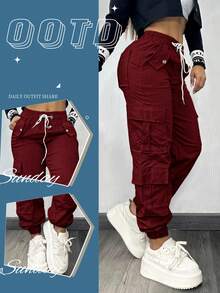 Women's Cargo Pants, Fashionable Y2K Style, Suitable For Christmas, Autumn, Outdoor, Formal Wear, Workwear, Casual, Sports, Loose Fit, Halloween, New Arrival, Autumn/Winter, Streetwear, Multi-Pocket, Elastic Waist, Airport, Back To School, Hot Selling - Burgundy - View 9