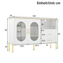Eleganter Sideboard-Schrank mit 2 Schubladen & 2 Glasturen – Moderne Kommode in Weiß mit Goldakzenten – Viel Stauraum – Für Wohnzimmer, Esszimmer, Flur
