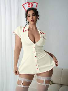cimmuovere Plus Size Women's Sexy Revealing Party Dress, Low-Cut Sweet Sheer Cosplay Nurse Outfit - Apricot - View 4
