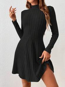 Vestido Elegante Para Mujer Manga Larga Cuello Redondo Color Sólido Slim Ropa Diaria Cita - Negro - Ver 5