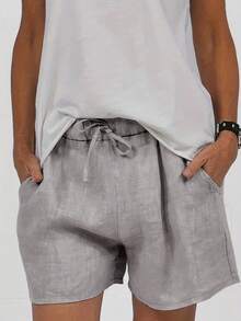 Women's Elastic Waist Drawstring Linen Fabric Casual Shorts - Light Grey - View 3