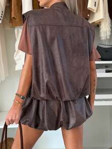 Gilet marron style Old Money décontracté pour femme, printemps/été, Saint-Valentin, style vacances élégant, veste gilet vintage en PU, mode femme pour soirée - Brun - Voir 8