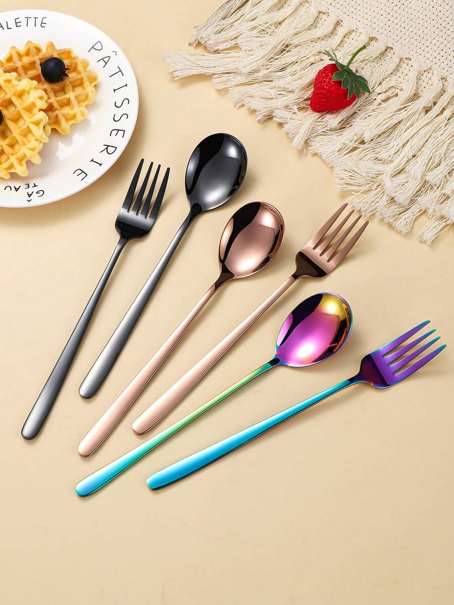 2pcs Stainless Steel Korean Style Long Handle Spoon And Fork Cutlery Set, Hotel/Home Soup Spoon, Coffee Stirrer