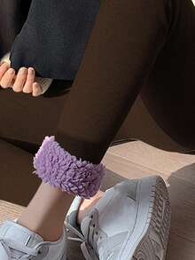 Winter Warm Thermal Lined Leggings, Purple Cloud Faux Fur Patch Skinny Pants - Coffee Brown - View 3