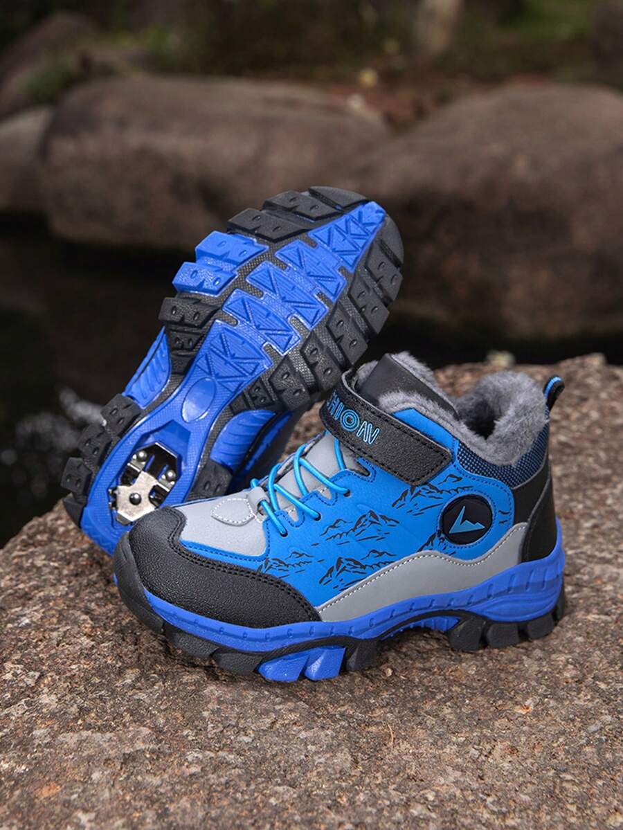 Boys' Winter Plush Thick High-Top Hook And Loop Outdoor Sports Shoes, Comfortable & Versatile, Exquisite Snow Boots For Halloween - Royal Blue - View 1