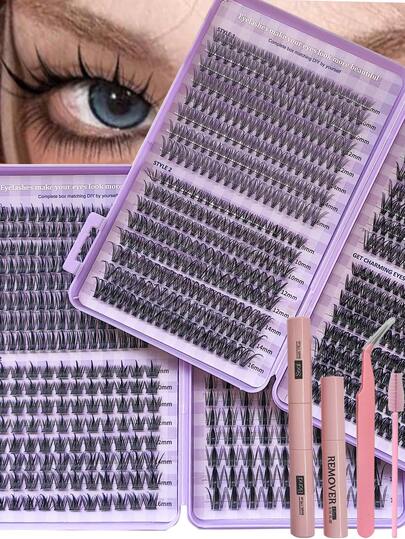 2盒，1040片睫毛嫁接套装，D卷度，8-16毫米混合，DIY睫毛嫁接套装，单簇睫毛，包含睫毛胶水、封层剂、卸妆液和睫毛刷，易于自行嫁接（30D-40D-50D），睫毛簇套装，完美礼物，非常适合返校季和圣诞节。