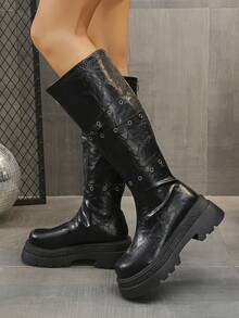 Retro Thick Sole Casual Chic Mila Rad Style 2025 Winter New Women's Tall Boots, Round Toe Buckle Decor, Suitable For Coats, Height Increasing, Slimming, Fashion Boots - Black - View 4