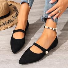 新款秋季女士套脚鞋，绒面尖头套脚百搭工作乐福鞋 - 黑色 - 查看 4