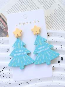 1 Pair Christmas Acrylic Candy Color Enamel Christmas Tree Earrings, Cute Five-Pointed Star MERRY CHRISTMAS Printed Earrings, Fun Holiday Party Gift Ear Pendants - Christmas Tree - View 2