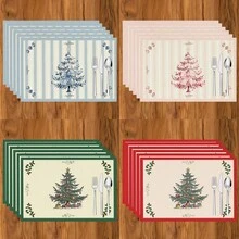 1/4/6/8/12 Stücke bunte Weihnachtsbaum Muster Leinen Tischsets, waschbare bedruckte Tischmatten, Oberflächenschutzmatten, Innen- und Außenbereich Tischsets, geeignet für Feierlichkeiten, Küche & Esszimmer - Verschiedenfarbig - Übersicht 2