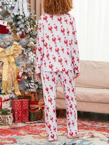 Women's Christmas Pajamas Set Santa Claus Print Long Sleeve Lapel Button Tops With Elastic Waist Long Pants Loungewear - Beige - View 5