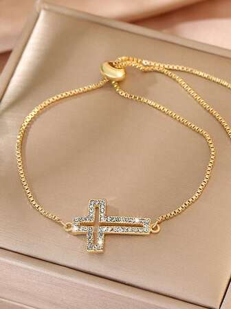 1 pieza Nuevo brazalete de cruz hueca con piedras de circonia, accesorio de joyería