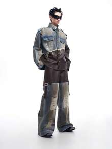 Men's Two-Piece Set, Jeans Vintage Distressed Patchwork Denim Jacket Men's Autumn And Winter Dirty Jacket - Blue - View 3