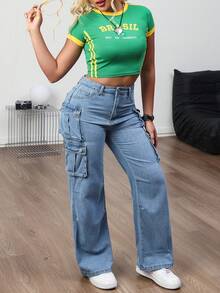 Fall Winter Multiple Pockets Cargo Denim Pants For Women Straight Leg Jeans For Street Fashion And Casual Style - 淺色水洗藍 - 查看 4