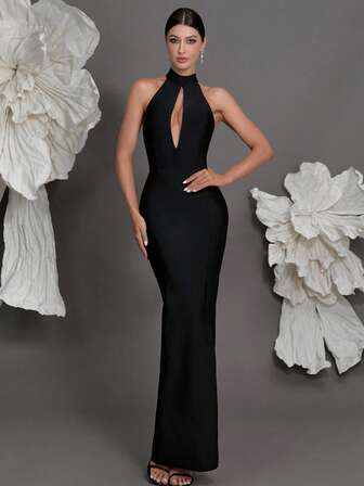 Halter Knit Bandage Bodycon Dress, Luxury European Style New Evening Party Slit Gown, Fashionable Sexy Fitted Cocktail Dress For Family Holidays