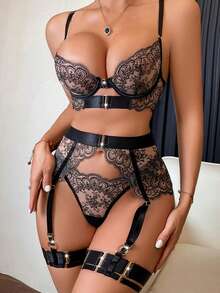 4Pcs Womens Underwear Lingerie Set Exotic Lace Bra  Brief Clip Garters Sets Transparent Bra Panty Fancy Chain Sleepwear - 黑色 - 查看 1