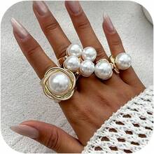 Chunky Rings Set For Women,Vintage Stacking Imitation Pearl Rings Pack, Dainty Adjustable Open Knuckle Hollow Twisted Round Signet Finger Ring Minimalist Statement2025 - A-3 chiếc - Xem 12