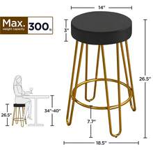 Butterslay 2pcs 26.5″ H Modern Upholstered Velvet Bar Stools With Metal Legs, Round Fabric Counter Chairs With Circular Footrest, For Kitchens, Restaurants, Bars, Cafes Black/Gray/Peacock Blue/Pink - 黑色 - 查看 6