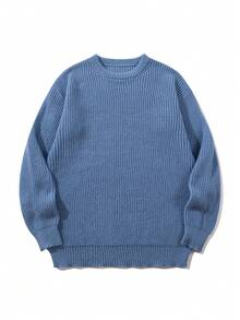 轻盈宽松针织衫，纹理图案，休闲中性设计，适合秋冬季节穿着，长袖上衣 - 藍色 - 查看 2