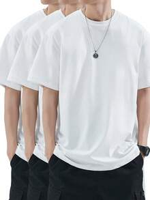3-Pack Men's Heavy Cotton Tee Shirts – Classic Crew Neck Short Sleeve Tshirts – Soft, Absorbent, And Durable Tops For Everyday Wear, Workout, Or Casual Layering – Unisex Plain Apparel, Ideal For Gifts & All Seasons - 白色 - 查看 1