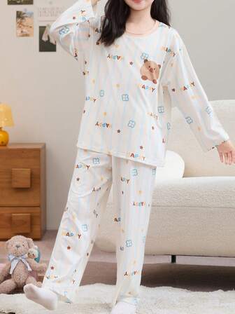 2pcs/Set Flame Retardant Cartoon Striped Crew Neck Girls Loungewear Pajamas, Autumn/Winter