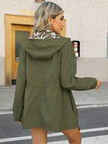 Giolshon 女士奶油色双面连帽外套 - 可翻转印花设计，休闲时尚，适合秋冬春季日常叠穿 - 軍綠色 - 查看 2