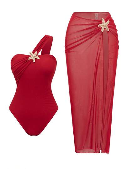 Conjunto de traje de baño de una pieza sexy negro con decoración de estrella y falda para vacaciones de playa de verano de estilo elegante y de alta gama