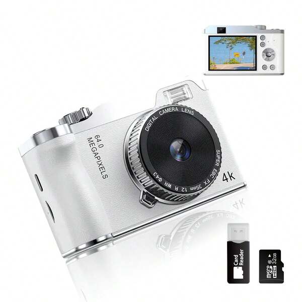 Dual-Camera 4K Student Digital Camera, Equipped With A 16x Zoom LED Flash And 64MP Compact And Portable Design, Suitable For Travel And Video Recording.