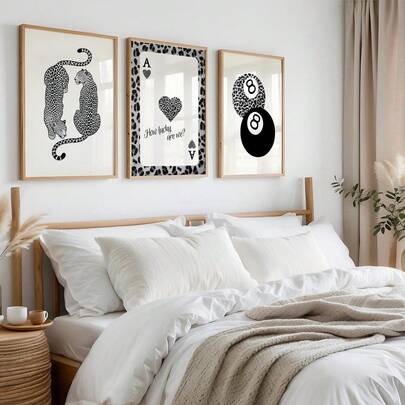 1/3 piezas Póster de lienzo con impresión de bola de billar con número 8, estampado de leopardo en blanco y negro, estilo Y2K, cheetah, funky, preppy, arte de pared minimalista y estético, pintura vintage para apartamento, sala de estar, dormitorio, decoración moderna del hogar (sin marco)