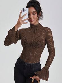 Blusa elegante y sexy de unicolor y transparente con mangas acampanadas de encaje, adecuada para invierno, Navidad y Año Nuevo