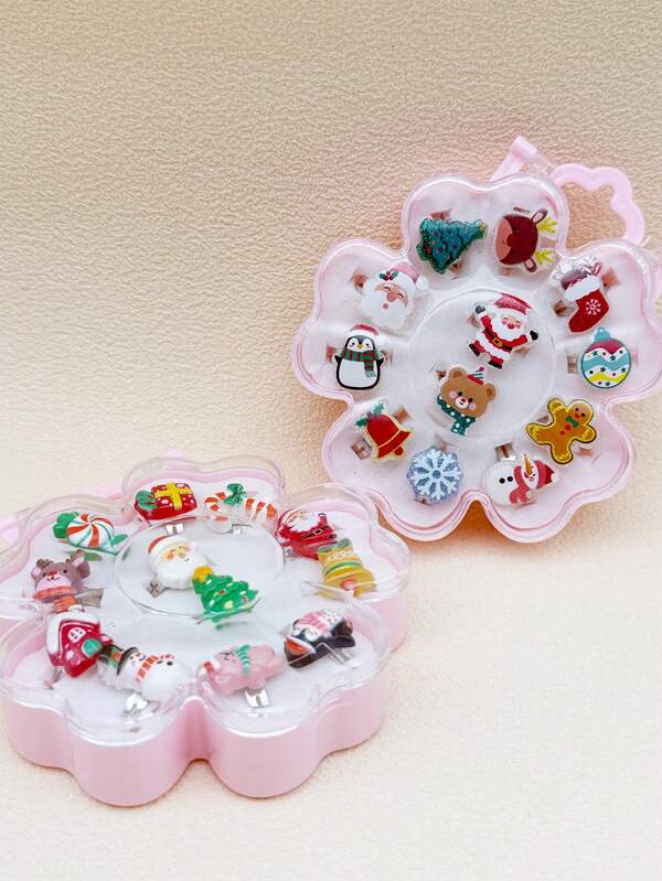 12 قطعة/علبة خاتم هدية عيد الميلاد الجديد، خواتم قابلة للتعديل بتصميم كرتوني جميل، هدية مجوهرات
