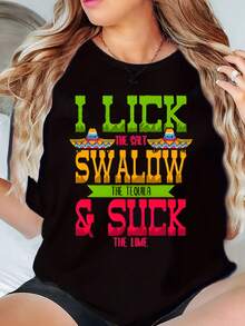 Women's T-Shirt I Lick The Salt Swallow The Tequila & Suck The Lime Print Casual Summer Top 220g - 黑色 - 查看 1