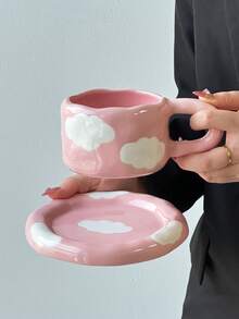 1pc Fresh Ceramic Coffee Cup & Saucer Set, Large Capacity Minimalist Blue Sky White Cloud Hand-Painted Ceramic Cup With Coaster, Vintage Style Coffee/Afternoon Tea Tableware, Suitable For Spring Breakfast/Brunch And Gathering With Friends, Women's Coffee Cup, Commercial Use Or Gift