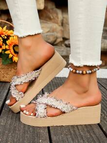 2024 New Women Slip-On Sandals, Leather Upper Slouchy Slippers, Wedge Heel Thick Sole - Multicolor - View 5