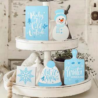 5 件圣诞木制分层托盘装饰冬季圣诞雪人下雪雪花木制分层托盘装饰桌面装饰品适用于圣诞派对装饰家居厨房桌面装饰